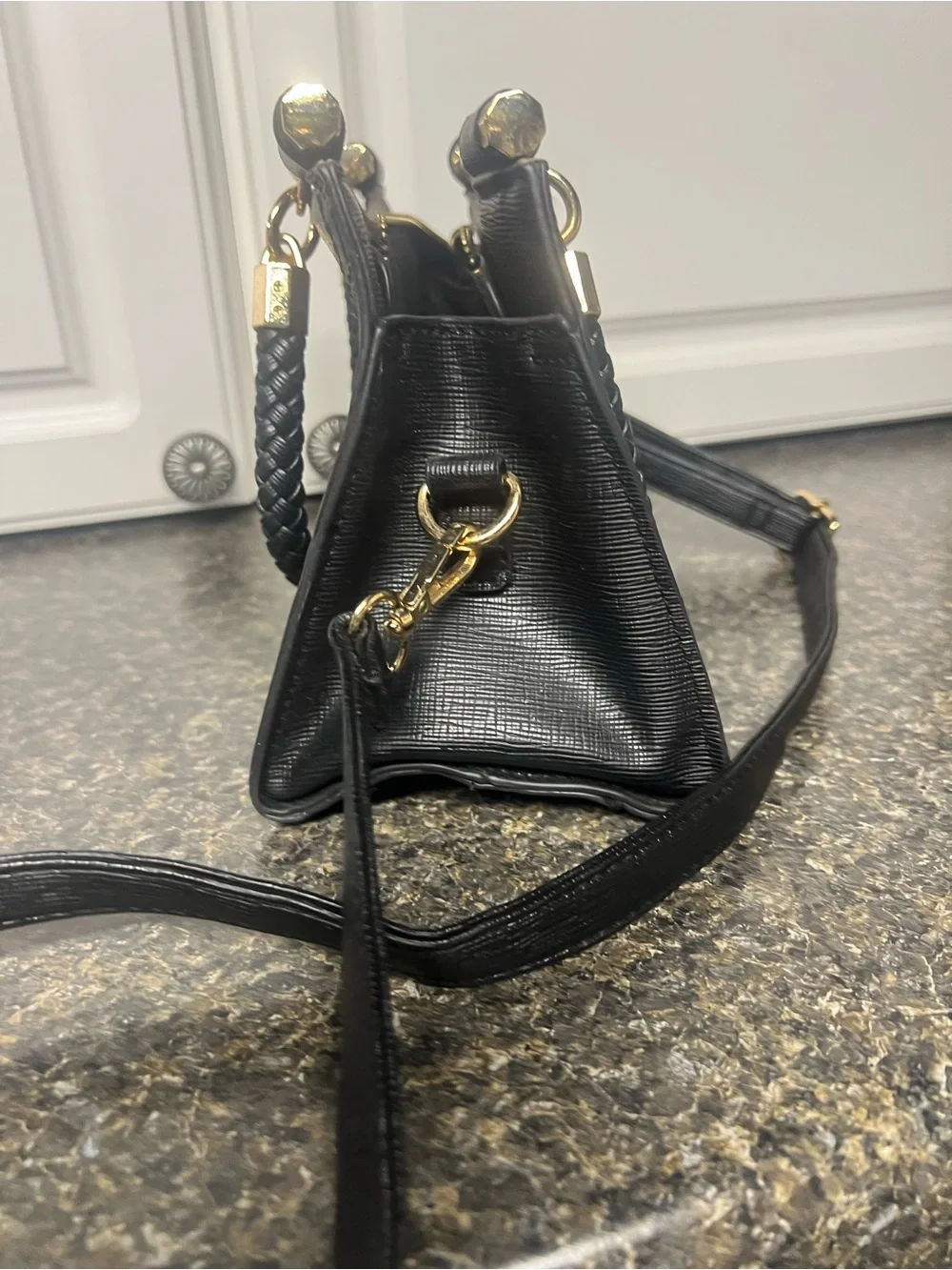 bebe Black Embossed Logo Satchel with Gold Plaque